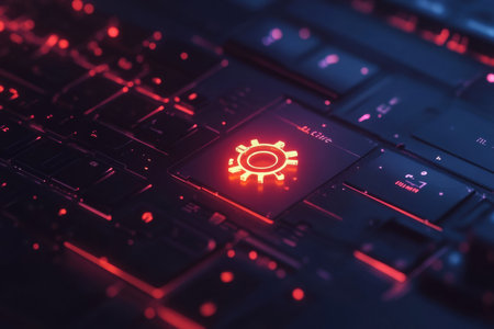 A glowing keyboard key with a gear symbol stands out in striking red lighting, emphasizing a technological and dynamic environment.の素材