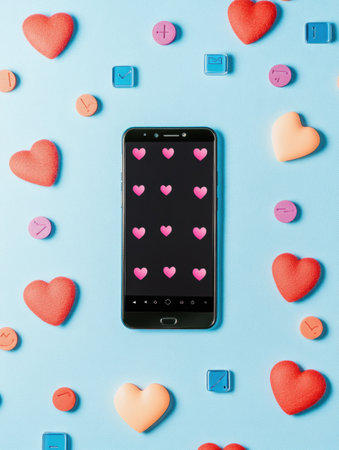 A smartphone shows notifications among vibrant heart-shaped candies and colorful icons, creating a lively vibe.の素材