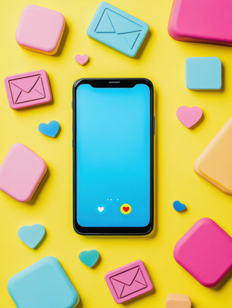 A smartphone displays a blue screen while bright icons for notifications, likes, and comments scatter around it on a yellow surface.の素材
