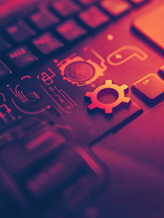 A keyboard displays a mouse and gear overlay, symbolizing technology and productivity in a contemporary work environment.の素材