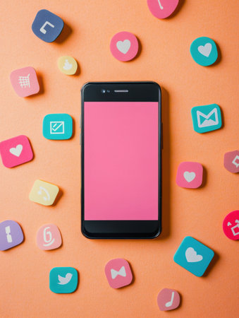 A smartphone is placed on a vibrant orange surface, surrounded by various colorful notification icons representing likes and comments.の素材