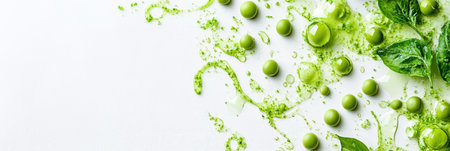 Bright green peas and drops of juice are spread across a white surface, highlighting the freshness and vibrant colors of vegetables.の素材