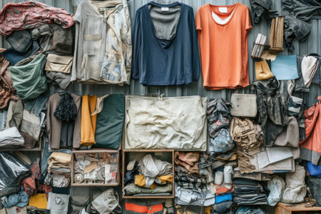 This vibrant assortment showcases various recycled and upcycled clothing hanging on a wall at a community event focused on sustainability.の素材