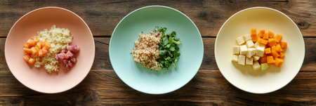 An assortment of quinoa salads, tofu cubes, and vegetables served on pastel plates during a vibrant lunch gathering for health enthusiasts.の素材