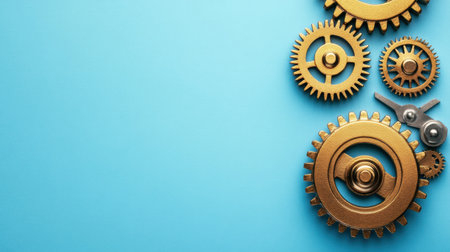 This visual highlights various gears alongside a microprocessor against a blue backdrop. It represents mechanical engineering and technology.の素材