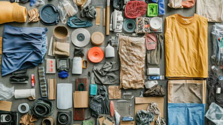 A colorful assortment of recycled and upcycled materials is strategically arranged on a flat surface, showing creativity and sustainability.の素材