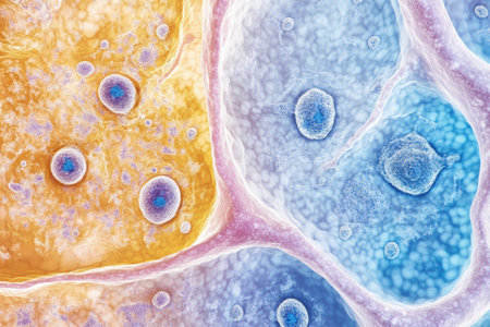 Beneath the lens, colorful cells interact, revealing unique textures and structures crucial for scientific research and understanding.の素材