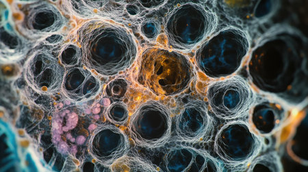 This view reveals intricate cellular arrangements with distinct cavities and colorful fibers visible within a biological sample.の素材