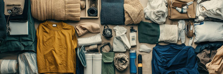 A collection of recycled clothing and materials is neatly arranged on a surface, showing various textures, colors, and crafting supplies.の素材