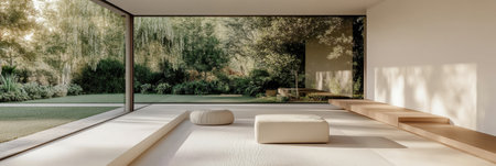 This modern living room features bright spaces with large windows providing views of a green garden, creating a peaceful retreat at home.の素材