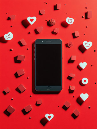 A smartphone rests on a bright red surface, surrounded by icons representing likes, comments, and notifications from social media interactions.の素材