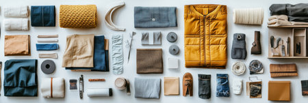 A variety of recycled and upcycled fabrics, clothing, and accessories are laid out on a table, highlighting eco-friendly design principles.の素材