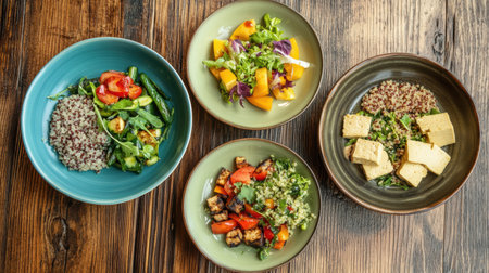 A vibrant selection of plant-based dishes includes quinoa salads, marinated tofu, and colorful vegetables served on rustic plates.の素材