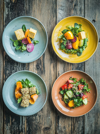 Enjoy a variety of healthy plant-based dishes served on vibrant plates, showing fresh ingredients and colorful presentations.の素材