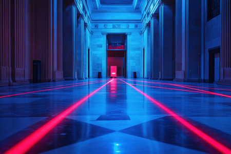 Red laser beams intersect across a grand hall, enhanced by blue lighting that highlights the stunning architectural features in the evening.の素材