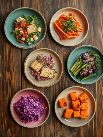 A variety of vibrant plant-based dishes are beautifully arranged on plates, highlighting quinoa salads, tofu, and fresh vegetables.の素材