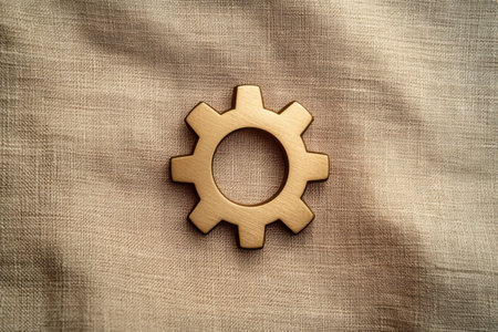 A golden gear symbol rests on a soft, textured fabric, symbolizing innovation and technology in design and engineering contexts.の素材