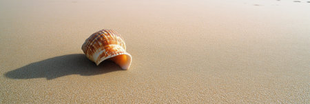 A single seashell is nestled on a soft sandy beach, surrounded by a tranquil and sunny atmosphere perfect for relaxation.の素材