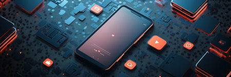 A smartphone rests on a dark tech background with glowing popup icons showing notifications, likes, and comments, illustrating digital engagement.の素材