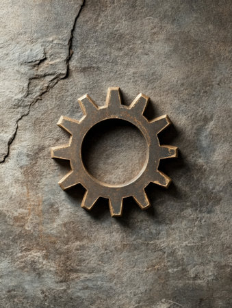 A decorative golden gear symbol is placed on a rugged stone background, symbolizing mechanics and engineering artistry.の素材