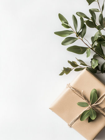 A beautifully wrapped gift in natural paper sits next to green foliage, creating a serene and minimalist presentation.の素材