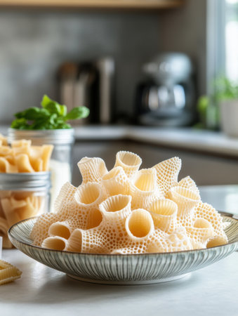 A beautiful display of gourmet 3D-printed pasta in stunning shapes sits on a decorative plate in a contemporary kitchen.の素材