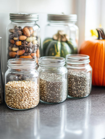 Glass jars containing various seeds sit on a countertop beside a vibrant pumpkin and decorative gourds, showing casing autumn flavors.の素材