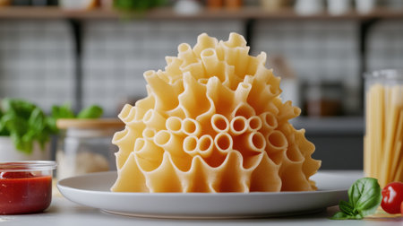 A stunning arrangement of gourmet 3D-printed pasta takes center stage on a plate in a stylish kitchen filled with fresh herbs and sauces.の素材