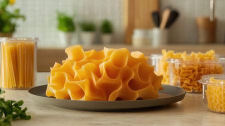 A collection of creatively shaped 3D-printed pasta sits beautifully on a plate, showcasing culinary innovation in a modern kitchen.の素材