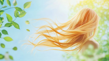 A person with golden, healthy hair lets it flow freely as the wind plays with it, creating a tranquil atmosphere in nature.の素材