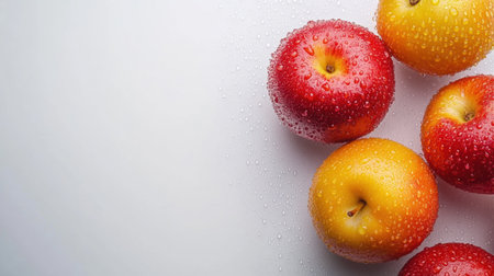 A group of red and yellow apples rests on a light surface, glistening with water droplets that enhance their freshness and color.の素材
