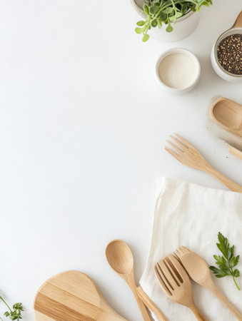 Various wooden utensils and bowls filled with ingredients are placed neatly on a clean countertop with fresh herbs in a bright environment.の素材