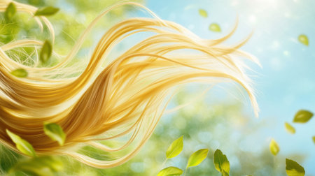 A cascade of golden, healthy hair sways in the wind against a bright, sunny backdrop filled with vibrant green leaves and blue skies.の素材
