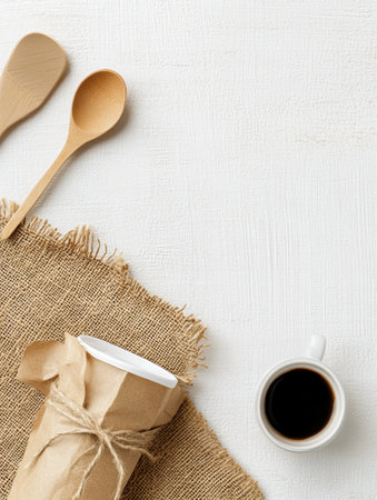 A warm morning atmosphere featuring a cup of coffee, wrapped takeaway cup, and wooden spoons on a rustic burlap mat.の素材