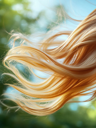 The soft, golden hair dances gracefully in the wind, illuminated by sunlight in a serene outdoor setting filled with greenery.の素材