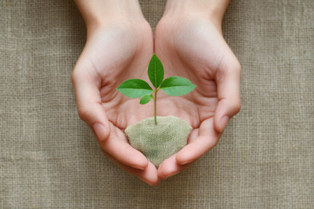 Two hands hold carefully a small green seedling planted in soft fabric, reflecting a moment of care and connection with nature.の素材