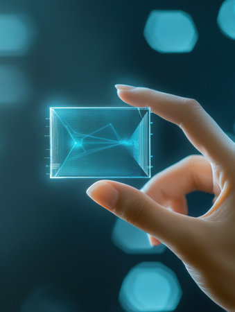 A hand presents a micro biochip featuring a holographic screen that displays various health metrics in a futuristic setting.の素材