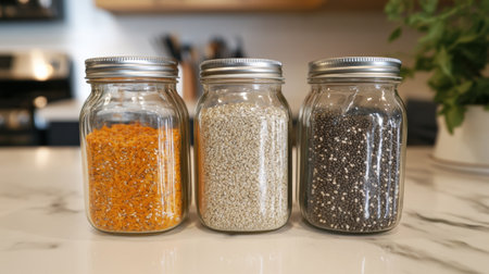 The kitchen countertop displays three jars containing vibrant pumpkin seeds, hemp seeds, and chia seeds, highlighting healthy ingredients.の素材