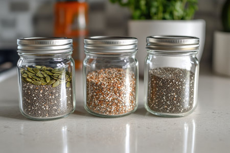 Three glass jars showcase colorful pumpkin, hemp, and chia seeds on a kitchen counter, highlighting healthy food options for cooking and baking.の素材