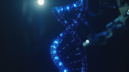 A striking display of a blue-lit DNA double helix is showcased, highlighting its intricate structure in a dimly lit setting.の素材