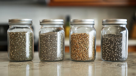Four glass jars sit on a kitchen counter, filled with healthy seeds like pumpkin, hemp, and chia for nutritious cooking.の素材