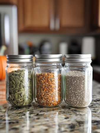 Three glass jars hold pumpkin, hemp, and chia seeds, placed neatly on a kitchen counter amidst a warm home atmosphere.の素材