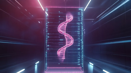 This visual displays a striking digital model of DNA with glowing strands in a high-tech laboratory at night.の素材