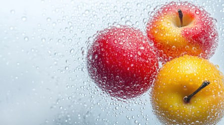 Three vibrant apples, one red and two yellow, glistening with water droplets on a clear glass pane, showing freshness in a bright kitchen.の素材