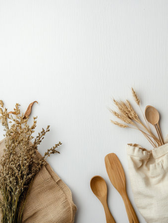 A collection of wooden spoons and dried flowers elegantly arranged on a light background, showing a rustic kitchen vibe.の素材
