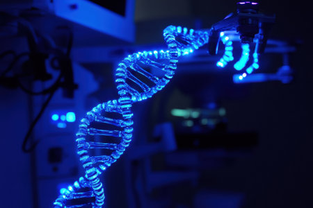 A glowing DNA double helix model is displayed in a modern laboratory, highlighting cutting-edge genetic research technology during nighttime.の素材