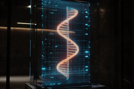 A holographic display showcases a detailed DNA double helix in a research lab during the evening, highlighting its intricate design.の素材