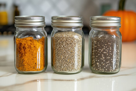 Three glass jars showcase vibrant pumpkin, hemp, and chia seeds, arranged neatly on a kitchen countertop with seasonal decor.の素材