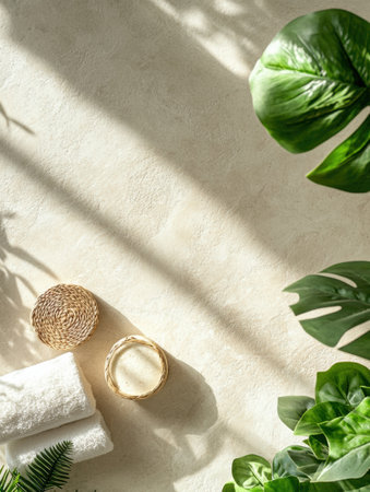 Soft afternoon light filters through, highlighting towels, a candle, and vibrant greenery in a calm bathroom setting.の素材