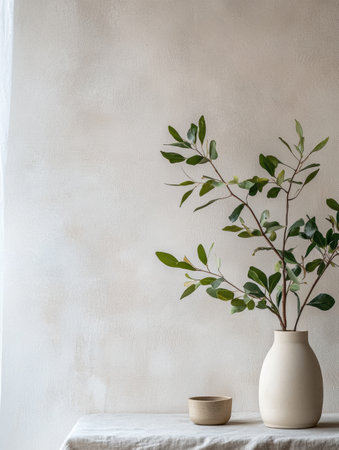 A minimalist decor featuring a pale vase holding green branches, set on a light table with a small bowl, creating a calm atmosphere.の素材